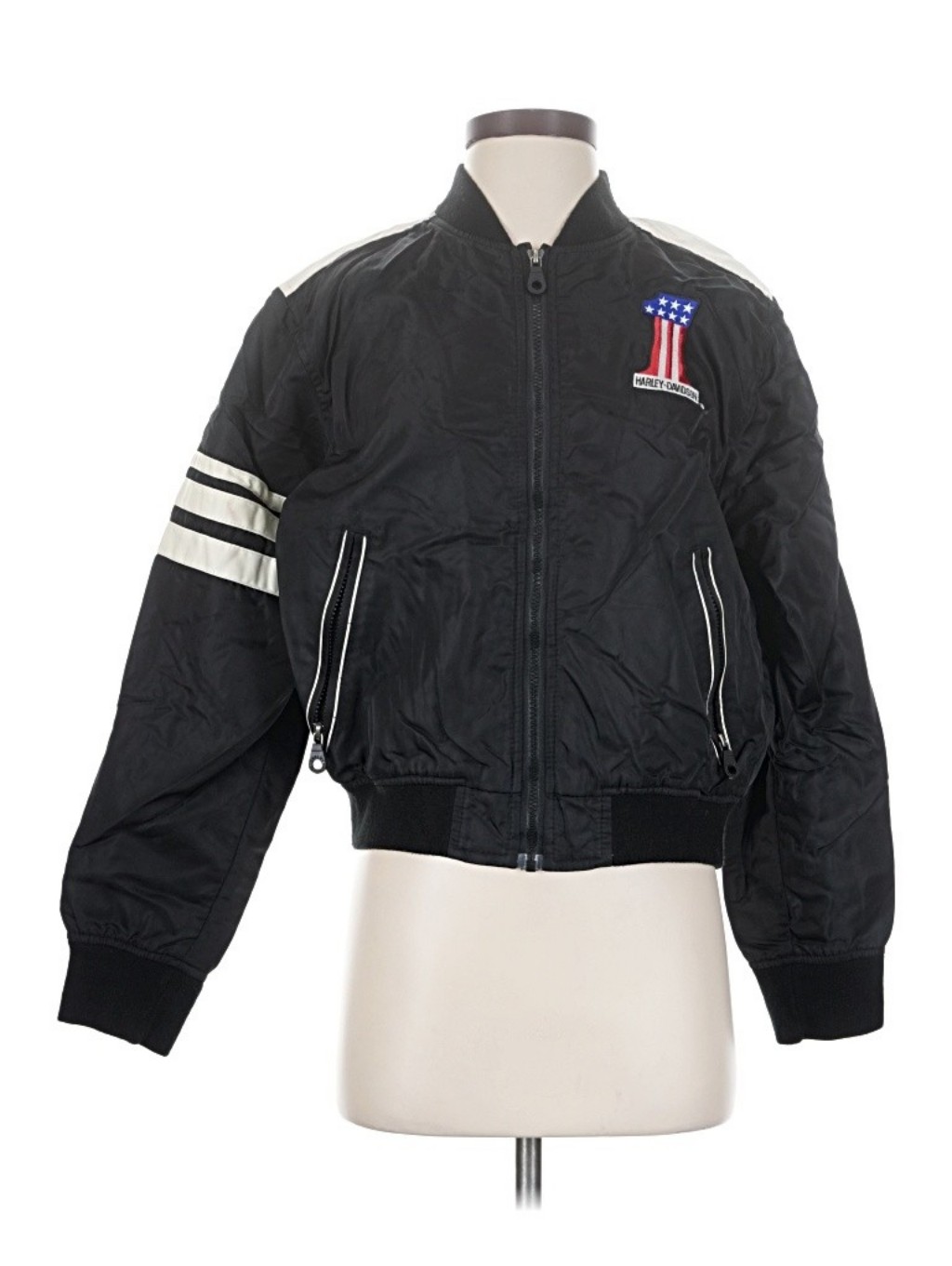 Vintage Harley Davidson Black Bomber Jacket With American Flag Patch